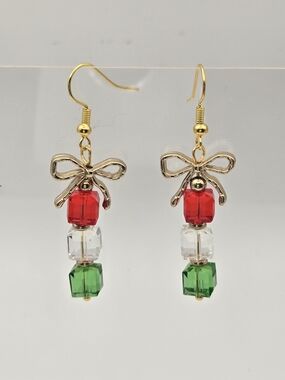 Gold Bow Earrings with Red, White, and Green Beads - Women Jewelry